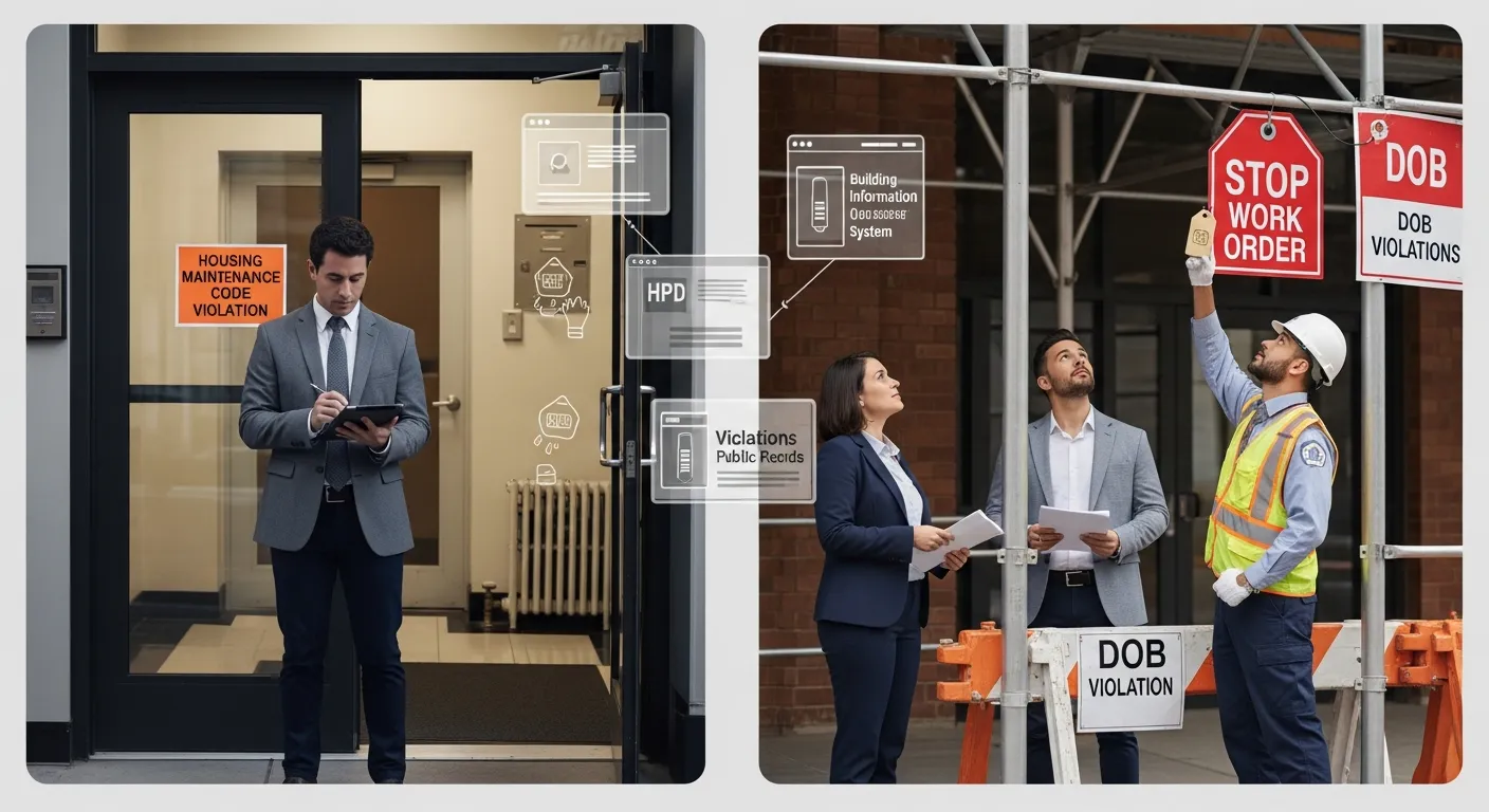 Housing and building inspectors review NYC apartment violations outside a residential building.
