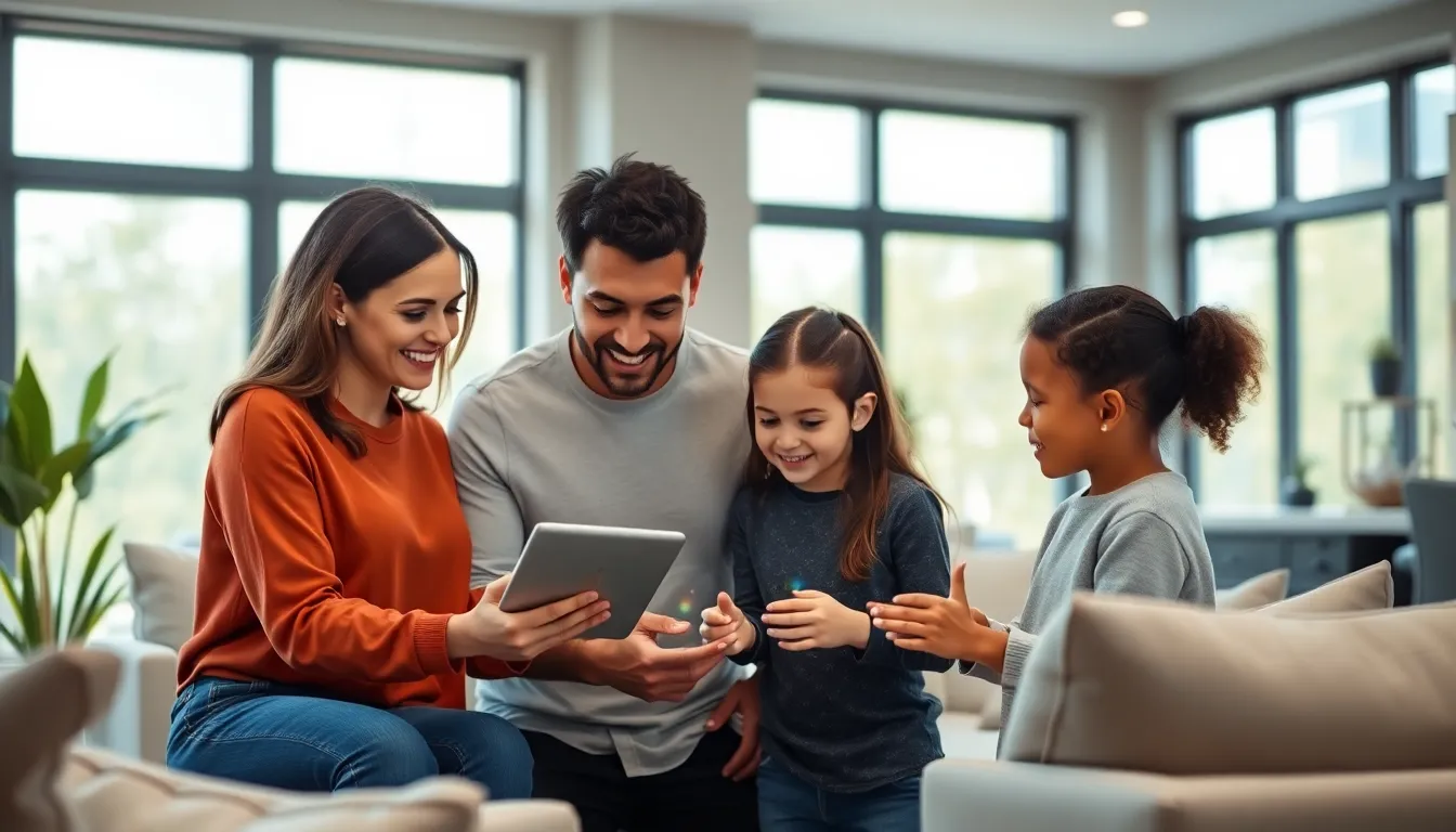 family interacting with smart home technology in a modern living room.