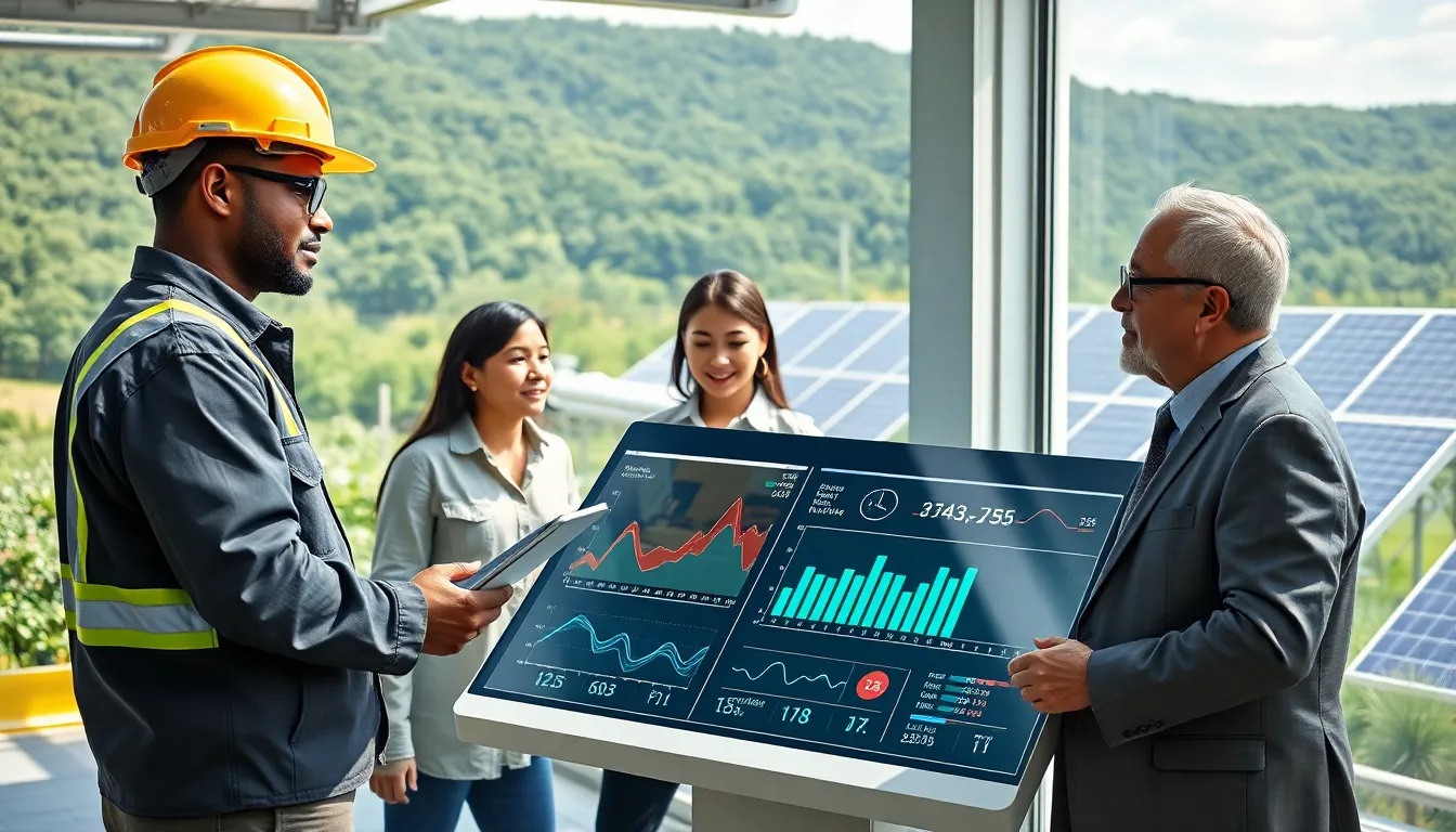 professionals discussing energy solutions around a digital display in a modern power plant.