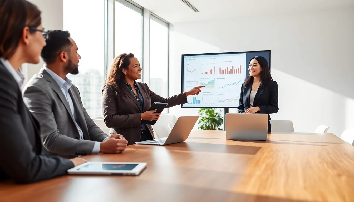 diverse team discussing data in a modern office setting.