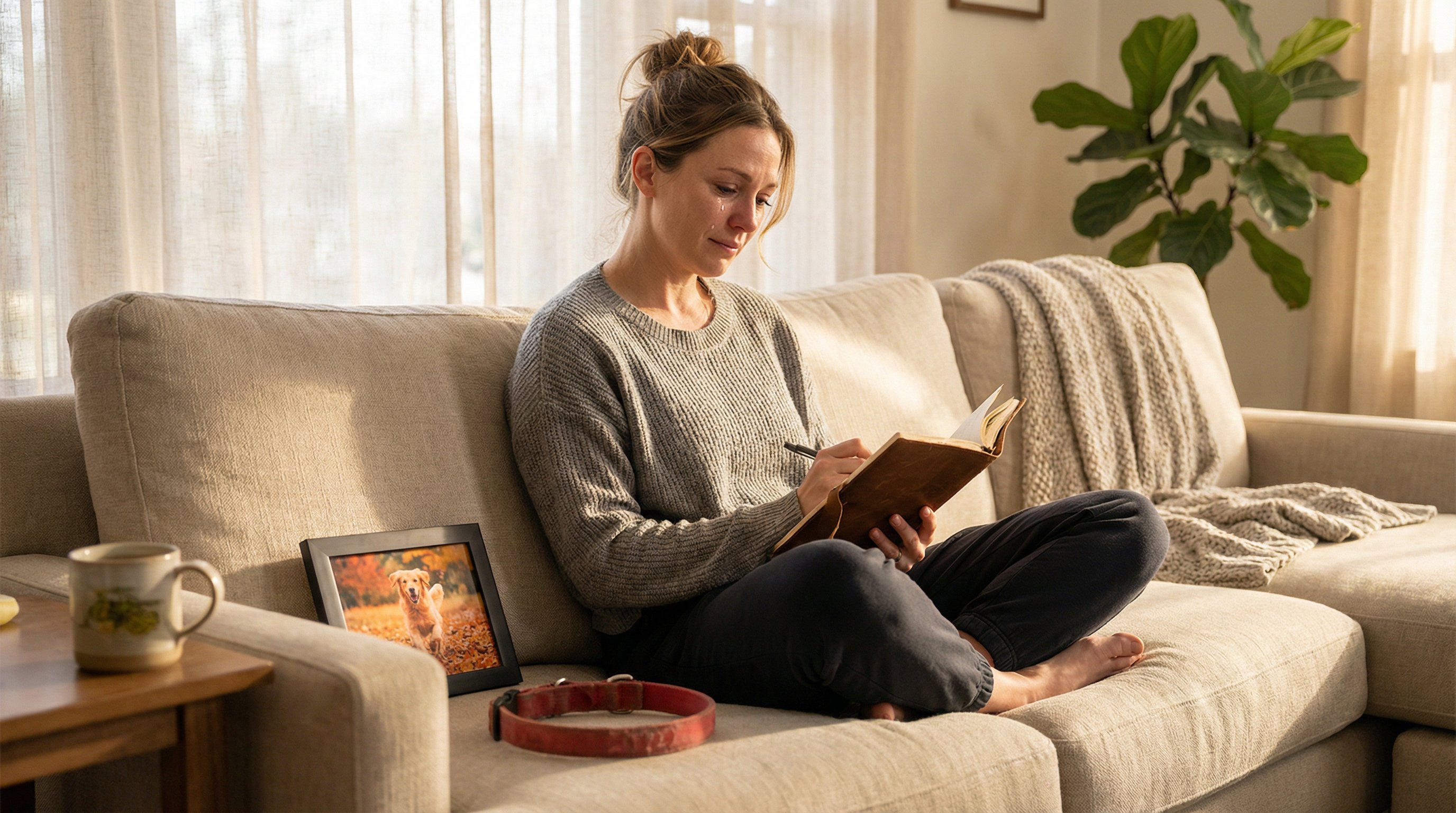 Woman journaling on a couch beside her dog's collar and photo.