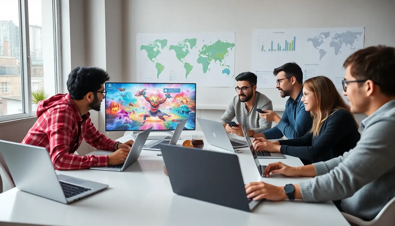 diverse game developers collaborating in a modern office.