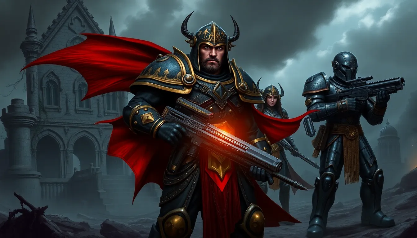 three Daemonhunters in battle gear stand determined on a dark battlefield.