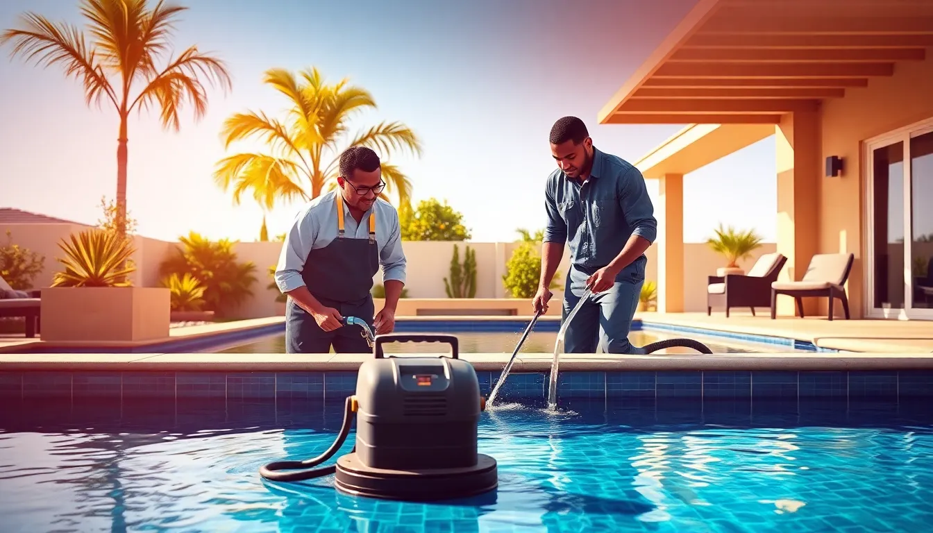 pool maintenance professionals at work in a sunny backyard setting.