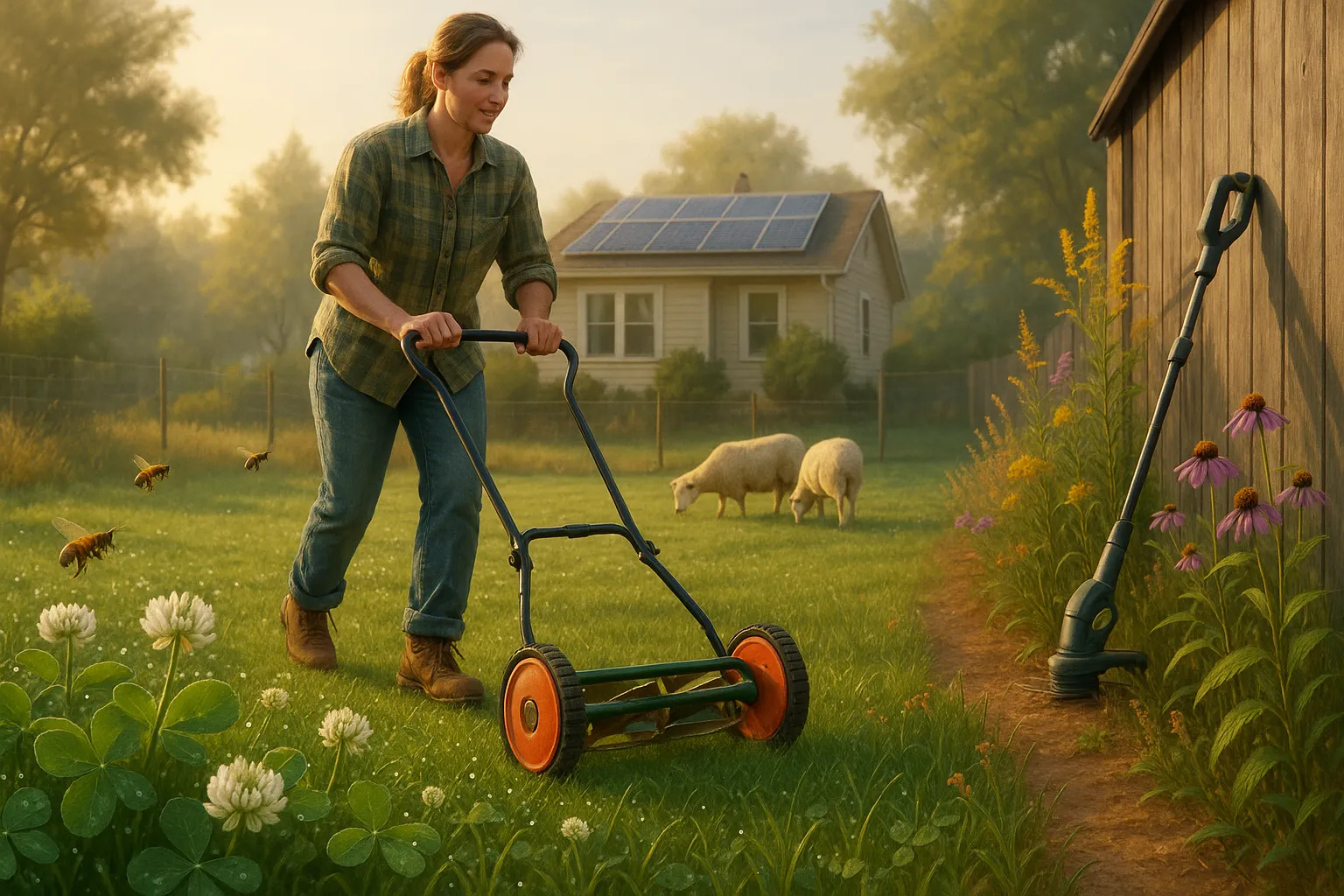 Person using a manual reel mower on a clover lawn with bees and grazing sheep.