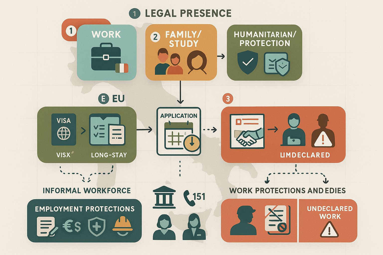 Infografica che mostra i permessi di residenza italiani, regolarizzazione e diritti del lavoro.