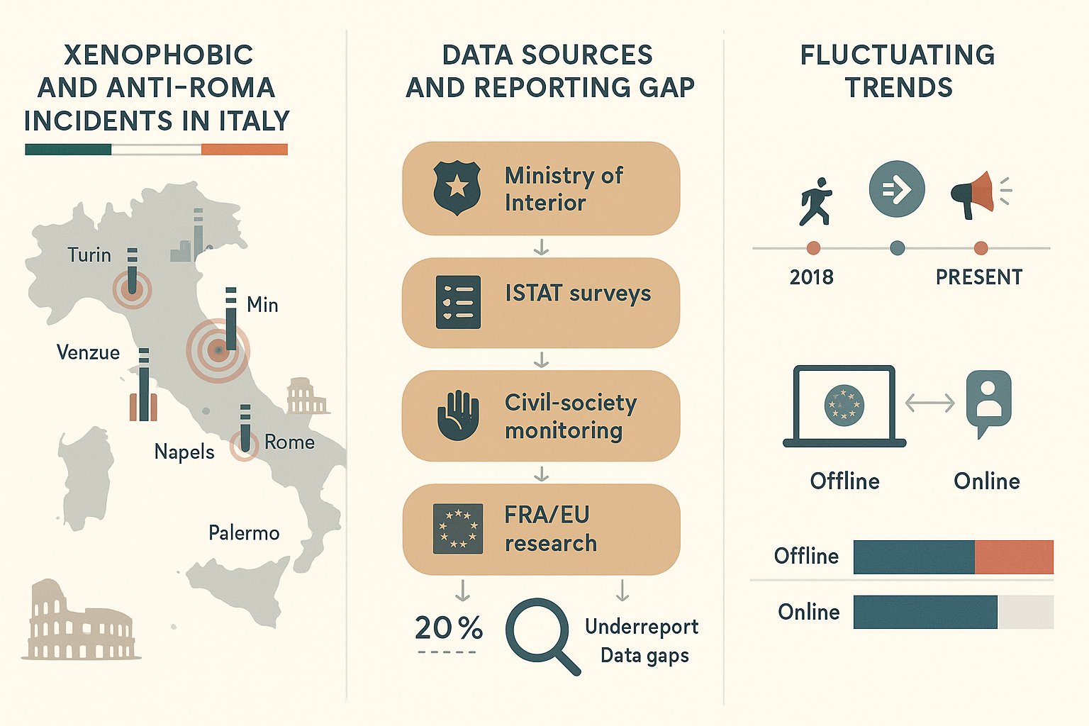 Infografica che mostra la mappa dell'Italia, il flusso delle fonti dati, la cronologia e il confronto dei crimini d'odio online e offline.