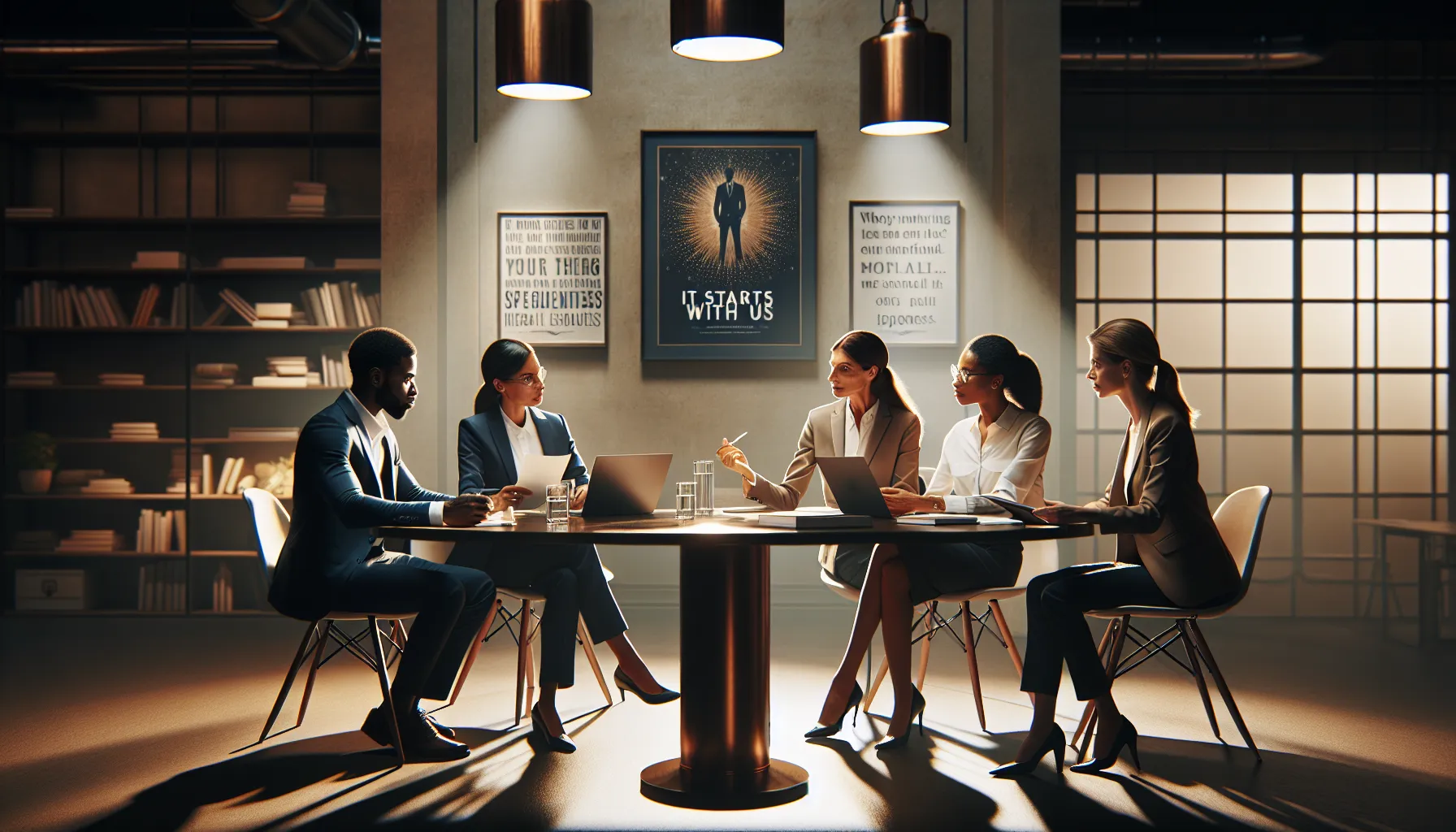 diverse team discussing the themes of 'It Starts With Us' in an office setting.