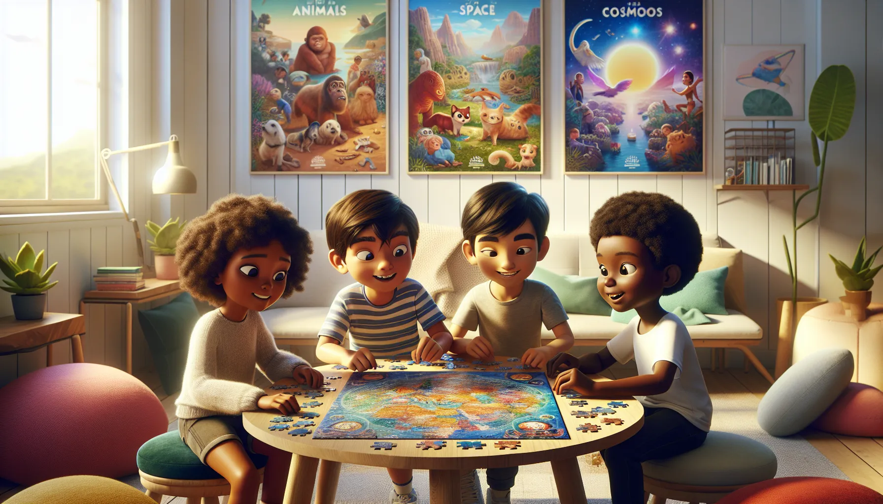 diverse kids assembling a colorful puzzle in a bright playroom.