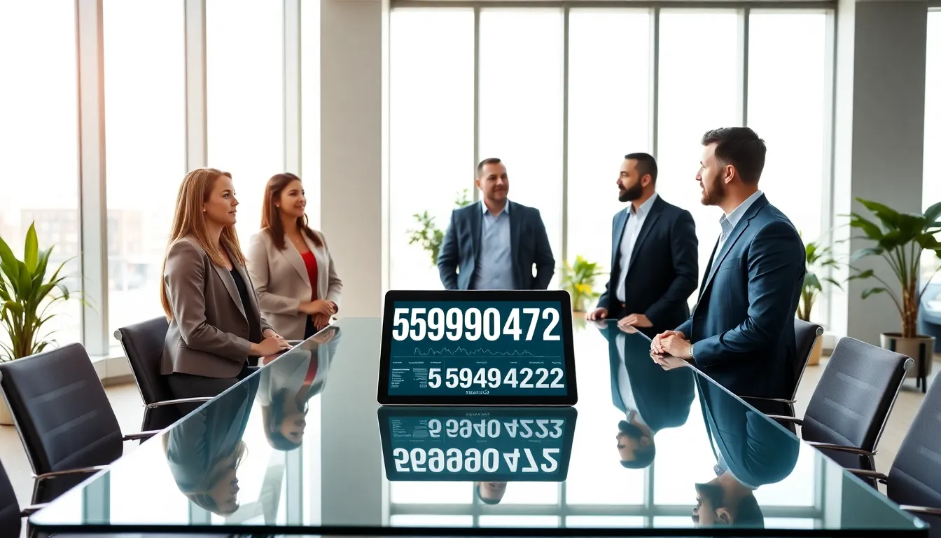 diverse professionals discussing the significance of a sequence of numbers.