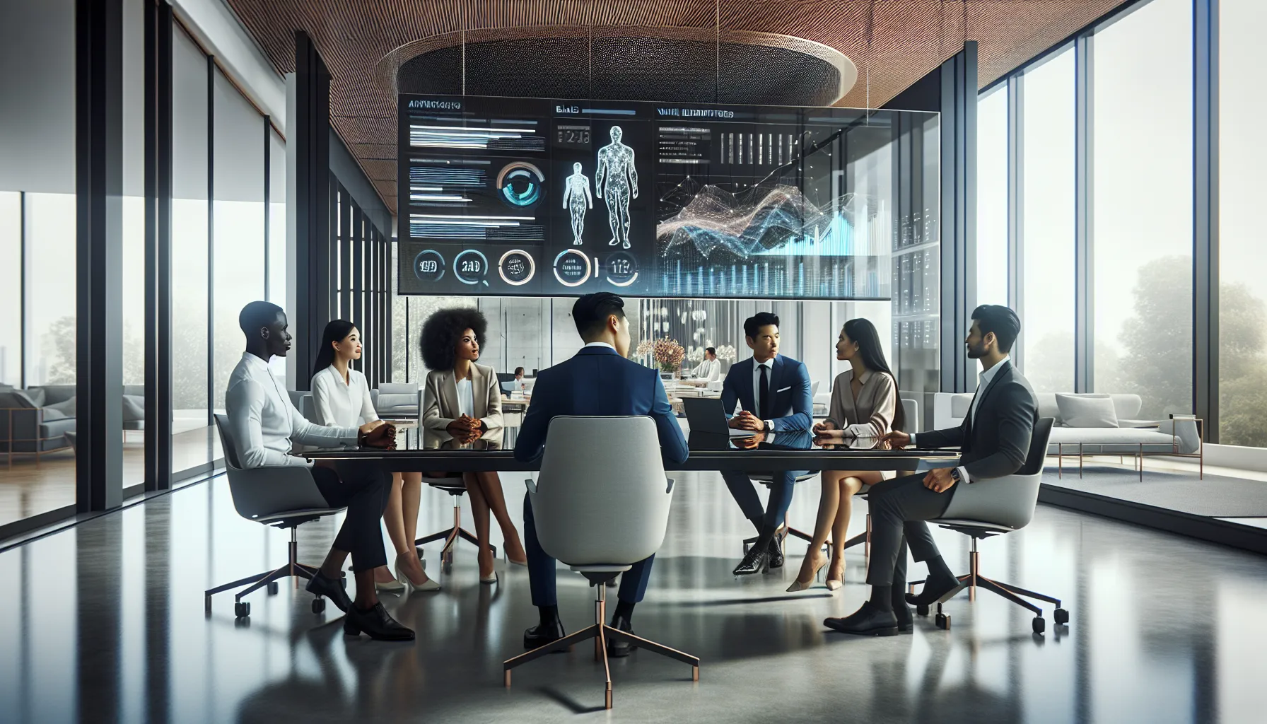 diverse team collaborating on data analysis in a modern office.