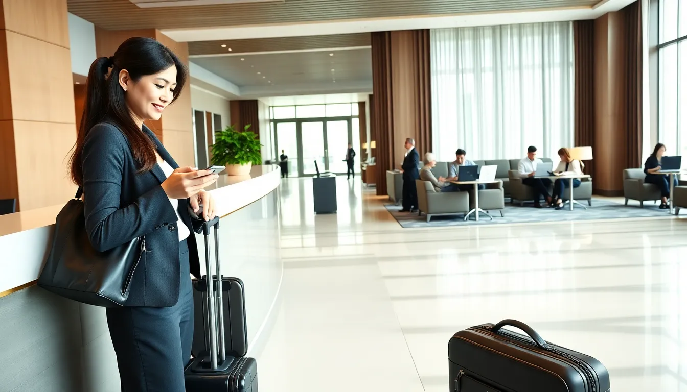 professional traveler checking in at a modern hotel lobby.