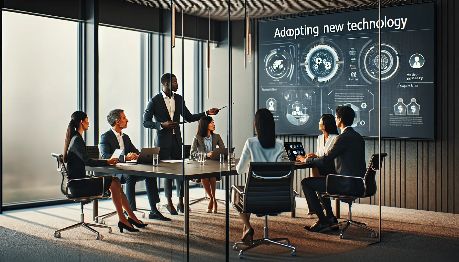 diverse team discussing technology and data privacy in a modern office.