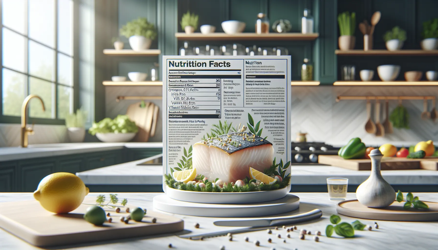 Plate of cod fillet with nutritional facts displayed beside it.