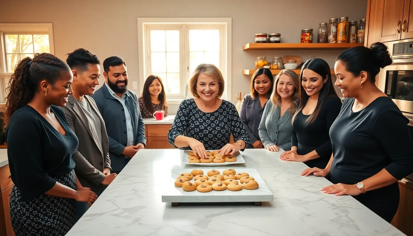 Mary Jackson and a diverse team baking cookies in a modern kitchen.