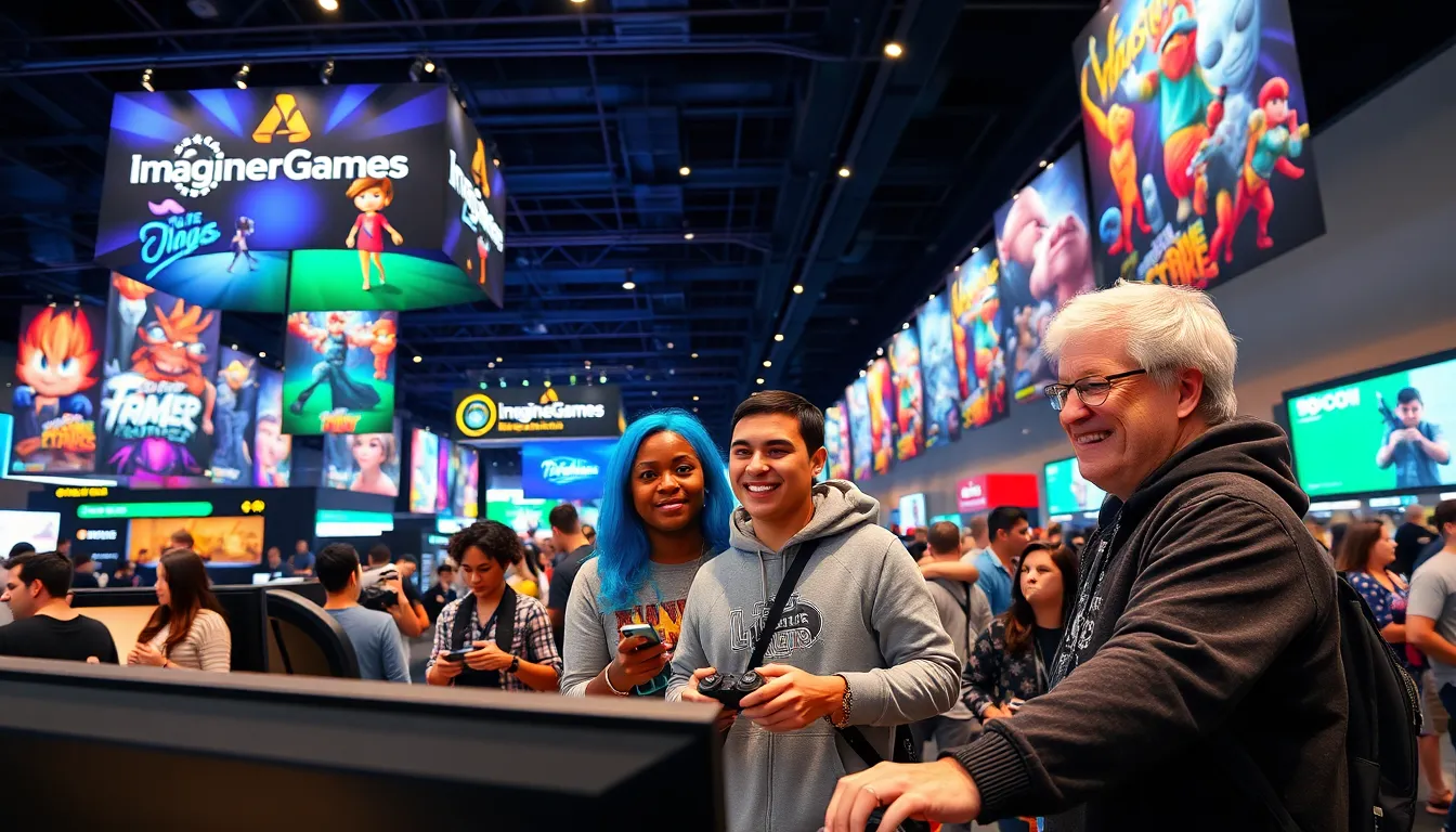 gamers exploring ImagineerGames' latest titles at a lively convention.