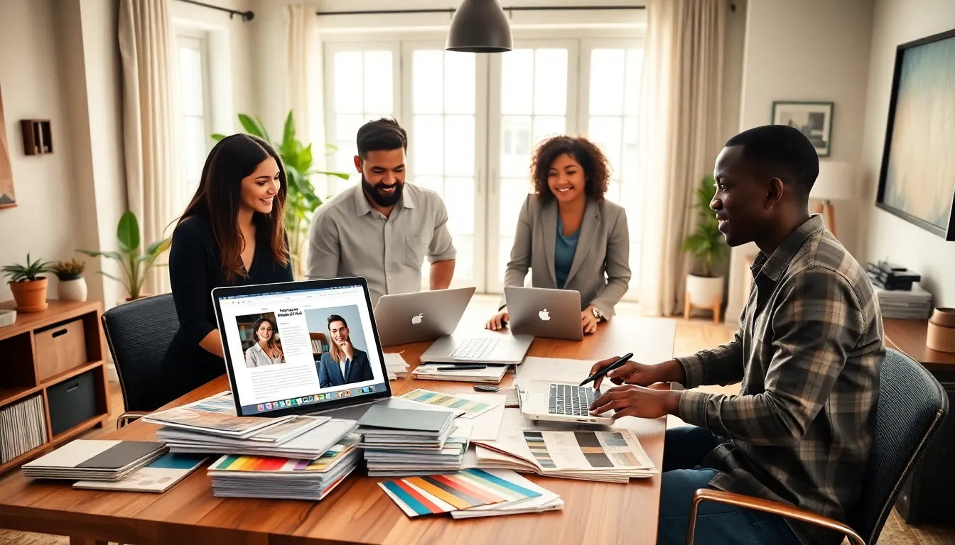 diverse professionals discussing home improvement in a modern office.