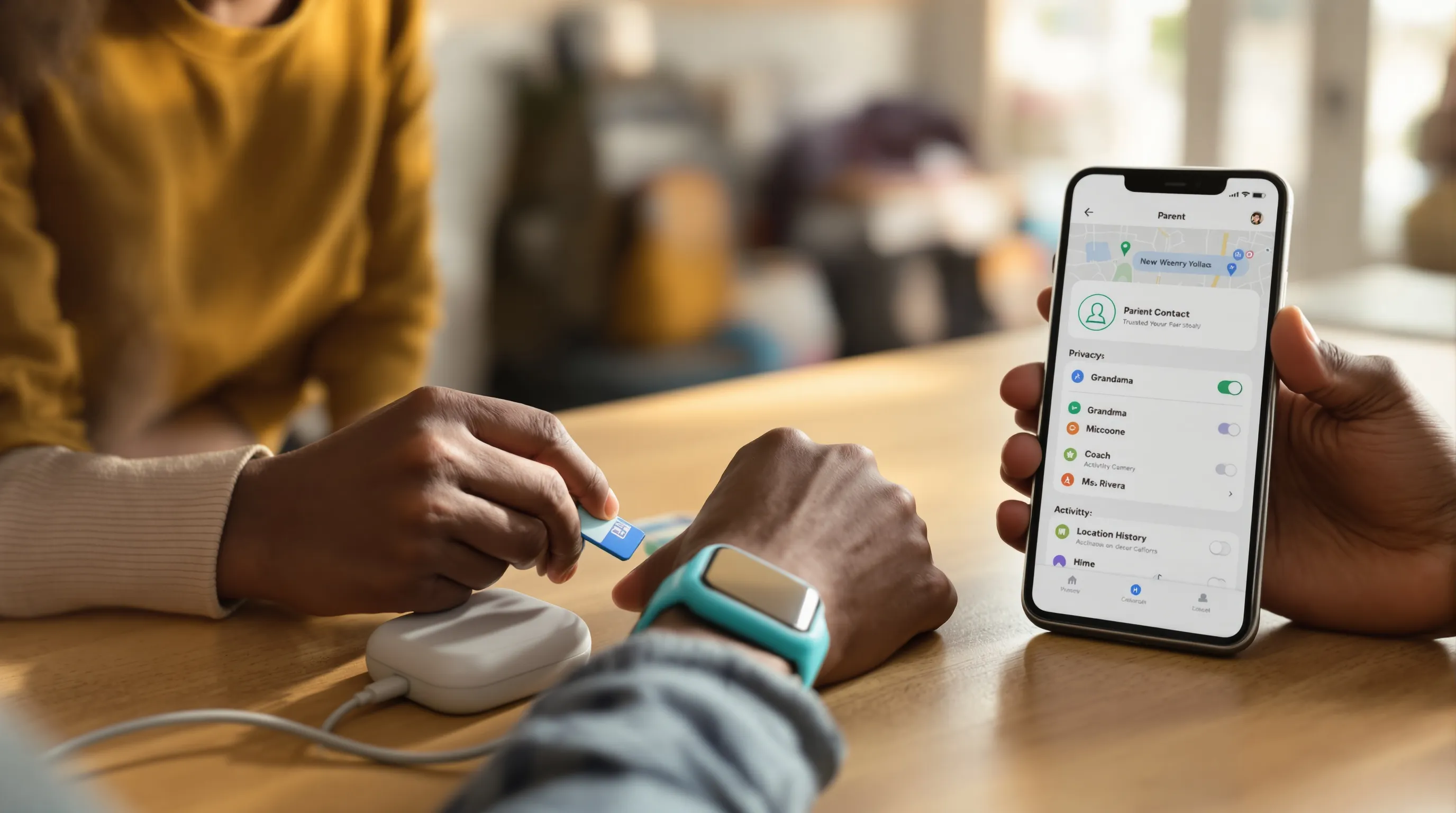 Parent inserts SIM into kid’s smartwatch while setting privacy in app.