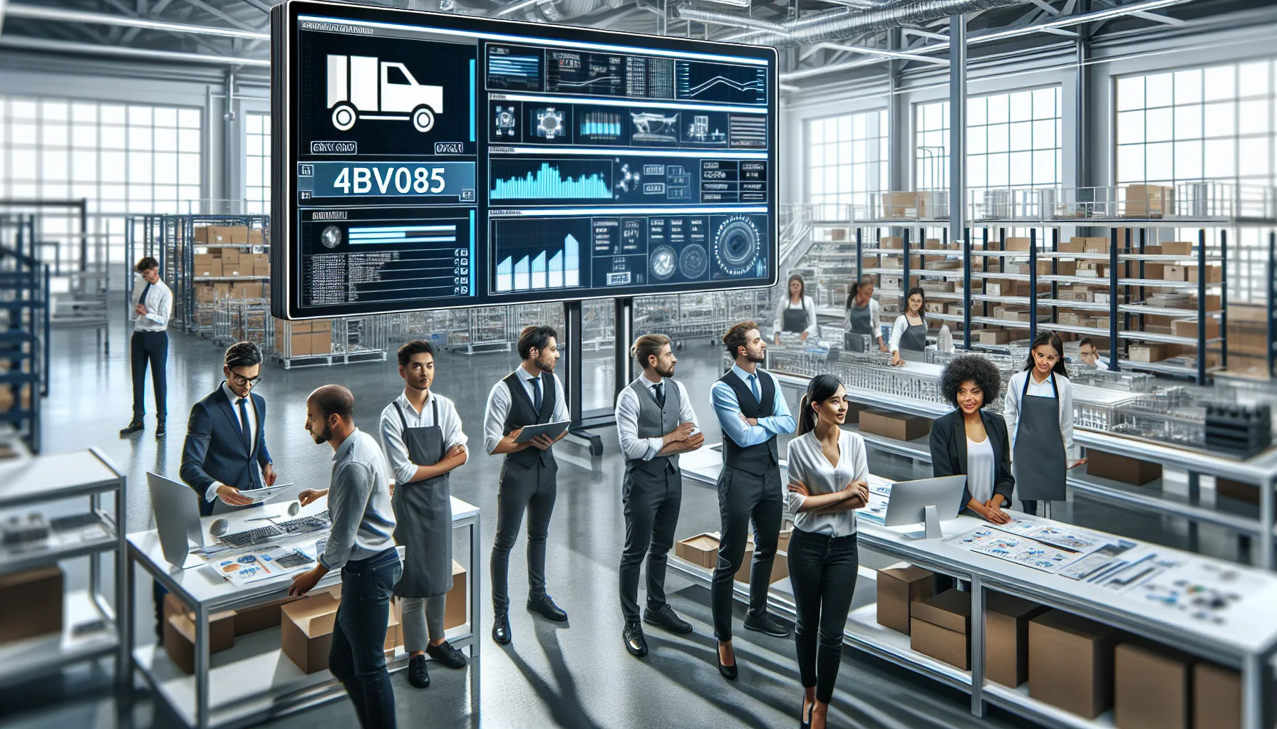 diverse team in a modern manufacturing setting tracking materials and shipments.