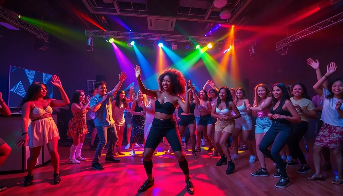 diverse dancers enjoying music in a vibrant nightclub setting.