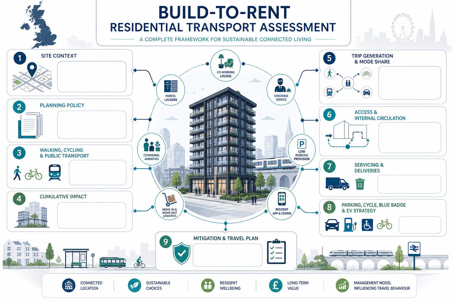 Infographic of Build-to-Rent transport assessment components for a UK residential scheme.