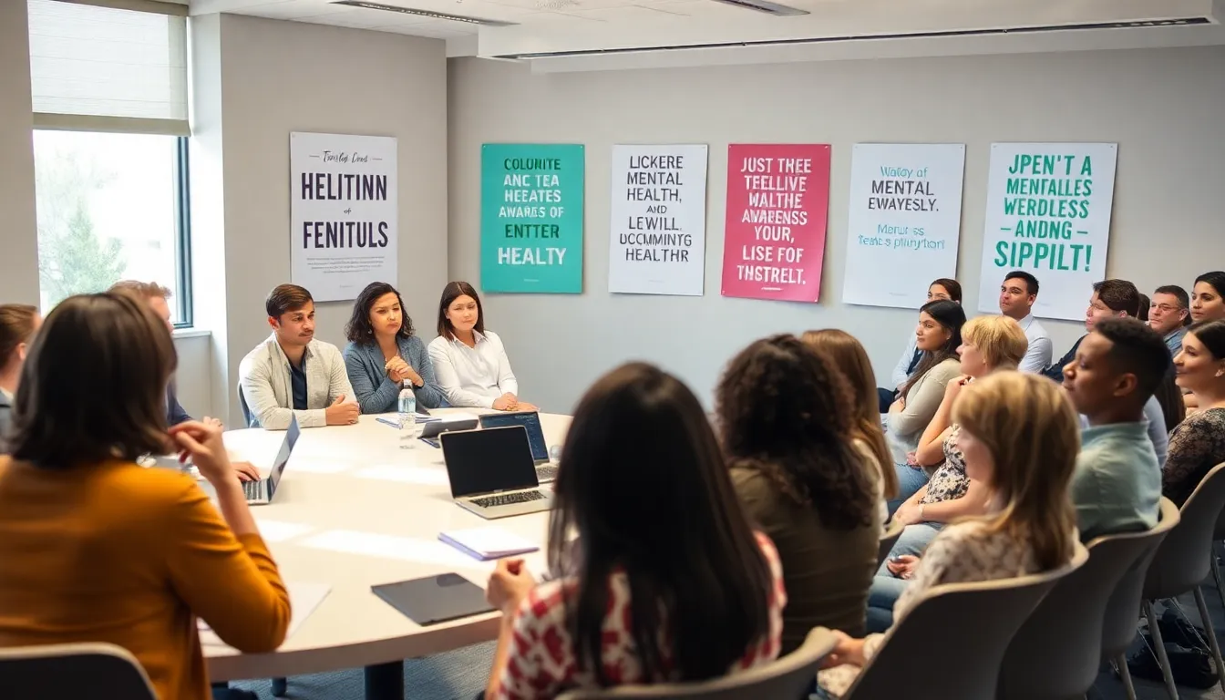 diverse community members discussing mental health in a modern setting.