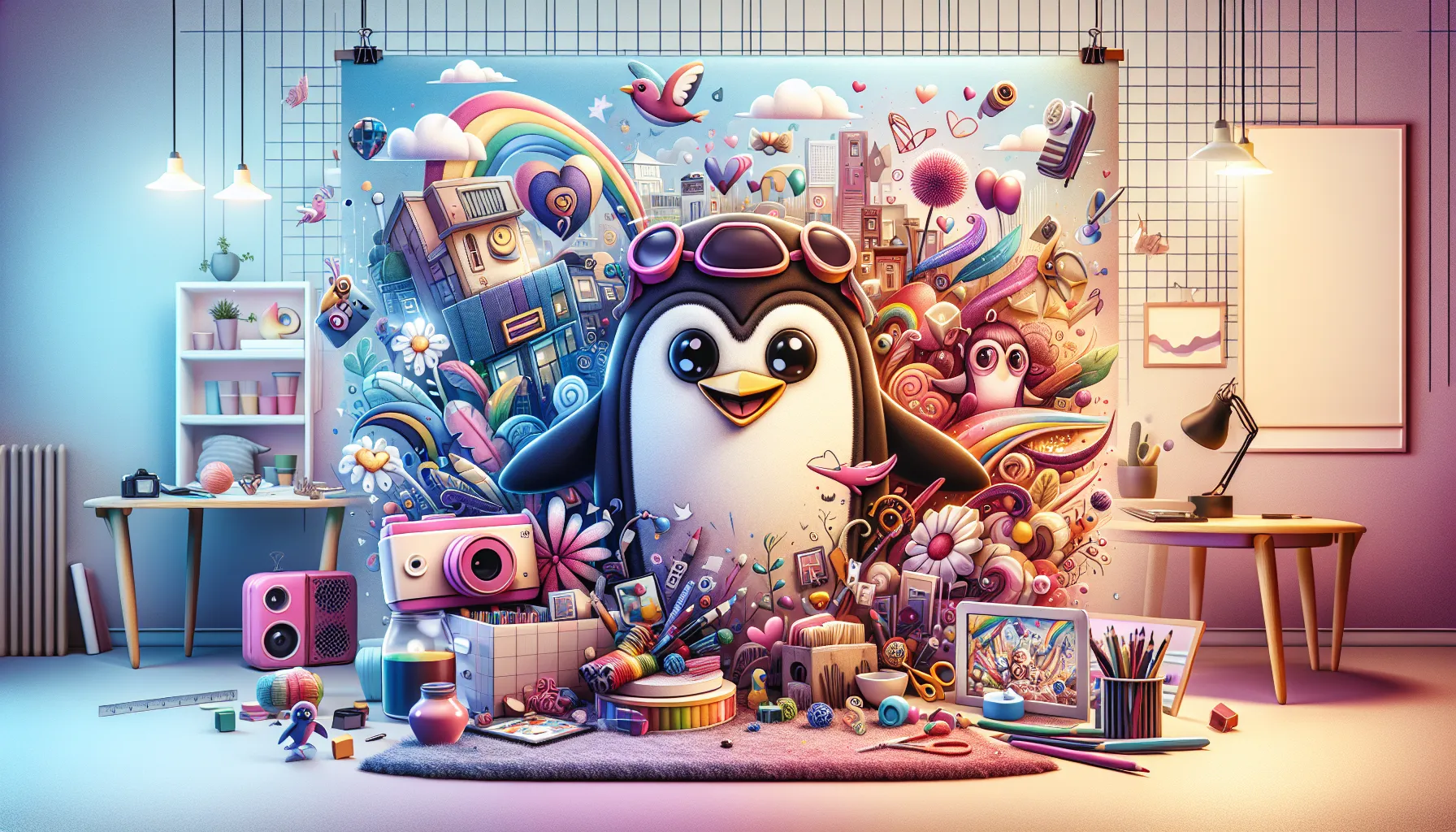 A cheerful cartoon penguin in a colorful digital workspace.