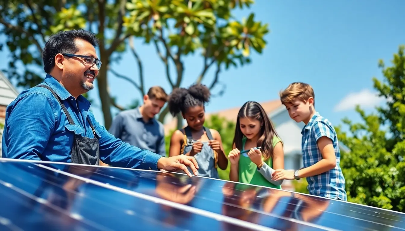 People installing solar panels in a sunny suburban setting.