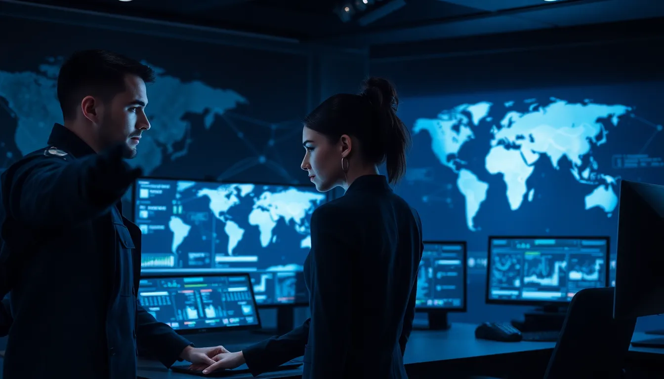 Talon members strategizing in a high-tech command center.