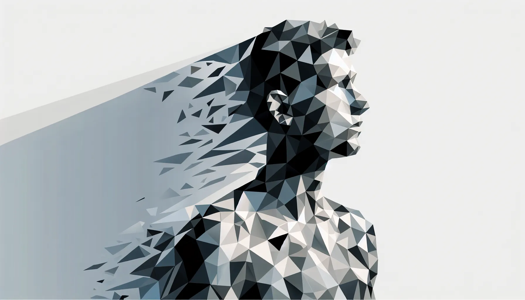 A human silhouette dissolving into geometric fragments representing alienation and transformation