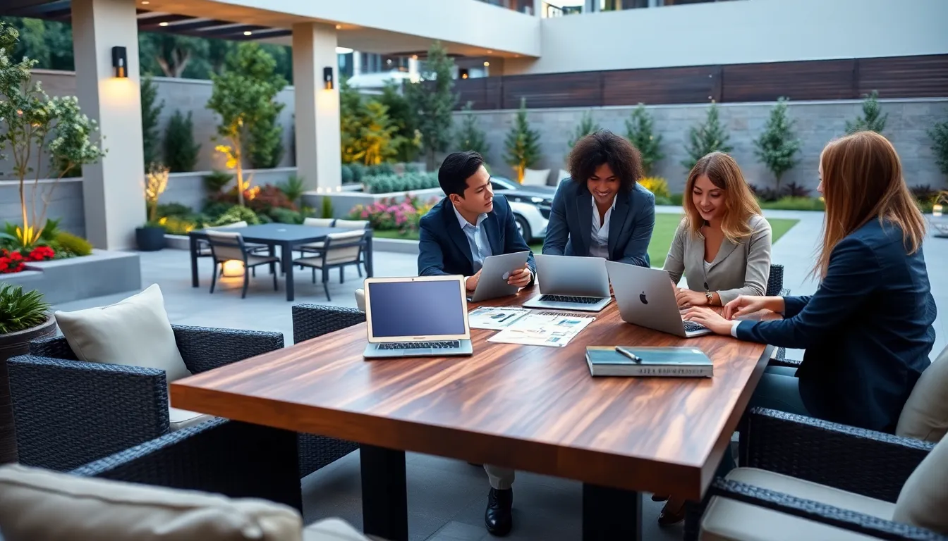 diverse team discussing outdoor living designs in a stylish patio setting.
