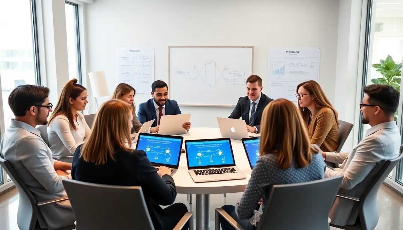 diverse team collaborating on digital networking concepts in a modern office.