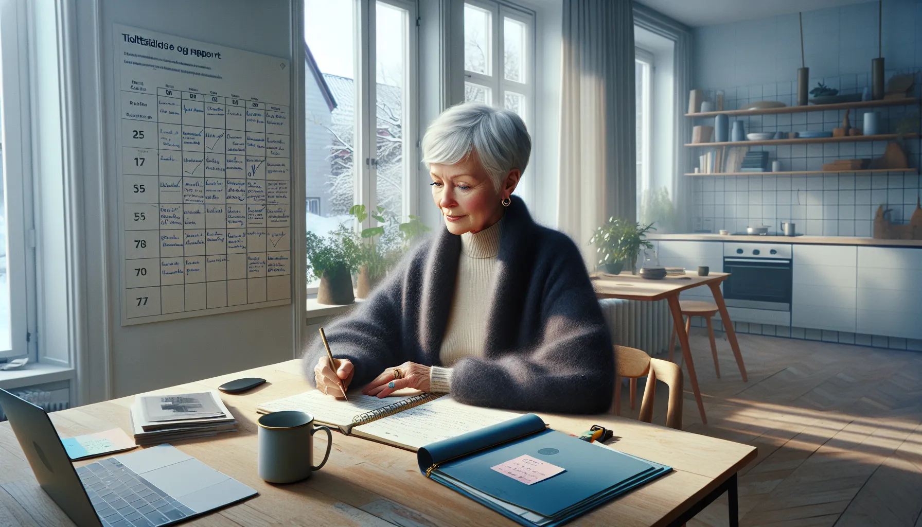 Elderly norwegian woman planning home sale timeline and goals at kitchen table.