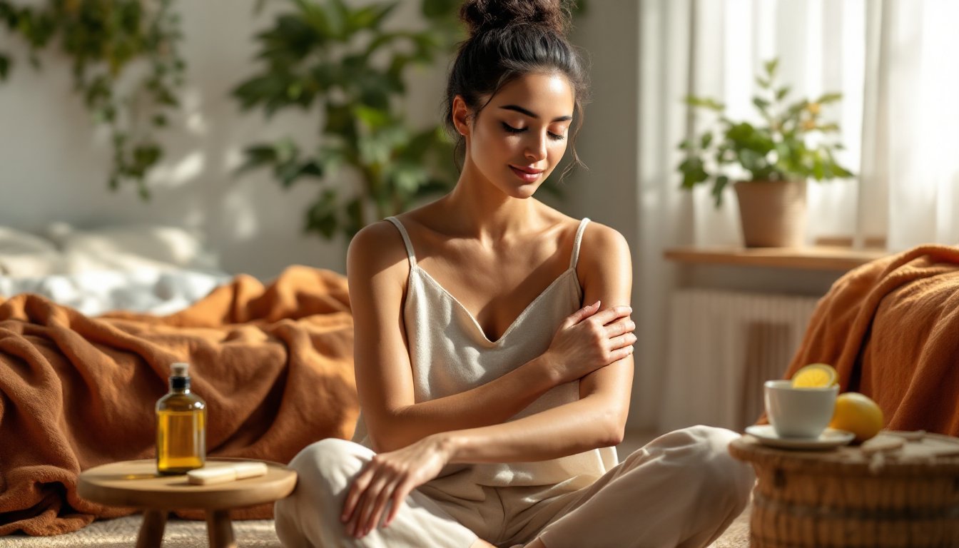 Woman practicing warm oil self-massage during a calm morning routine at home.