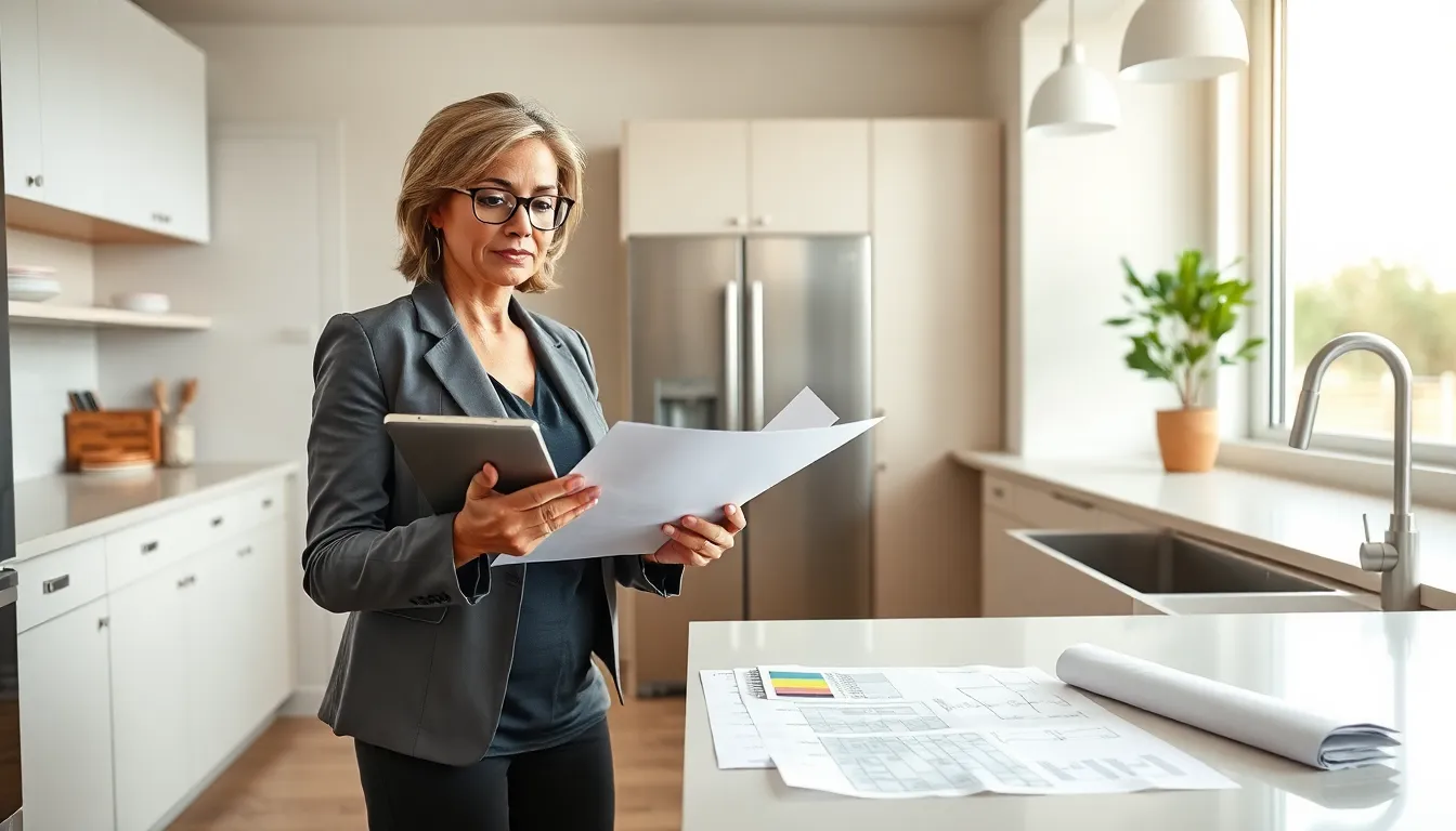 interior designer reviewing budget plans in a modern kitchen.