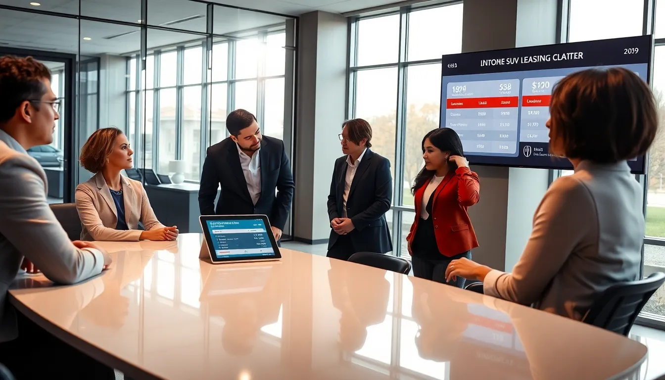 professionals discussing Lincoln Navigator lease deals in a modern office.