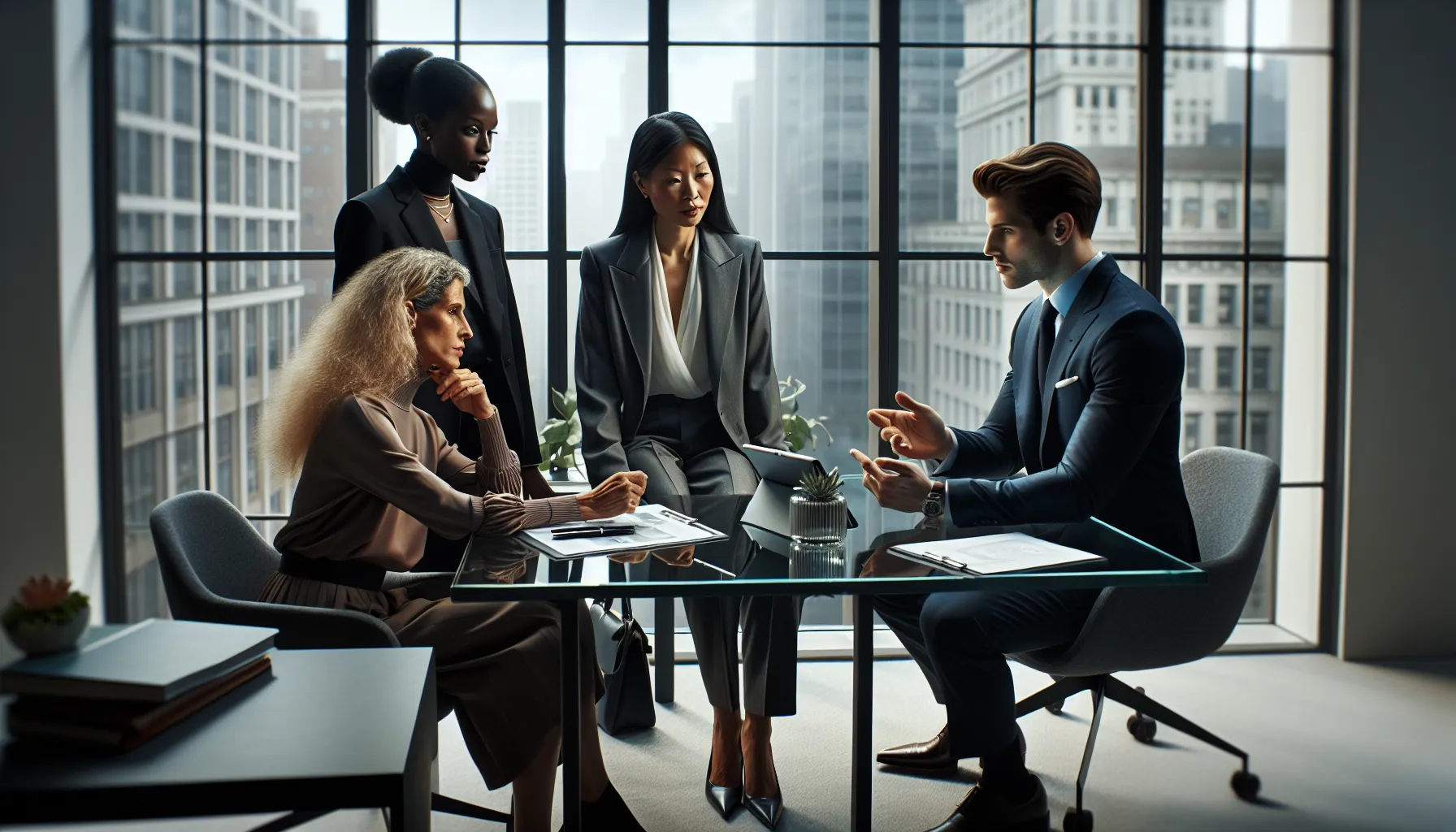celebrity parents discussing school choices in a modern office.