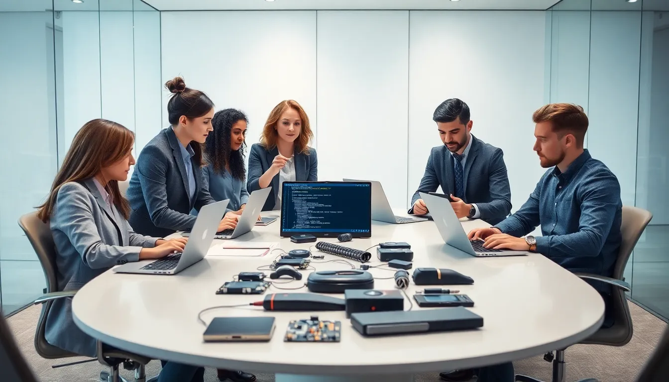 diverse engineers collaborating in a modern office setting.