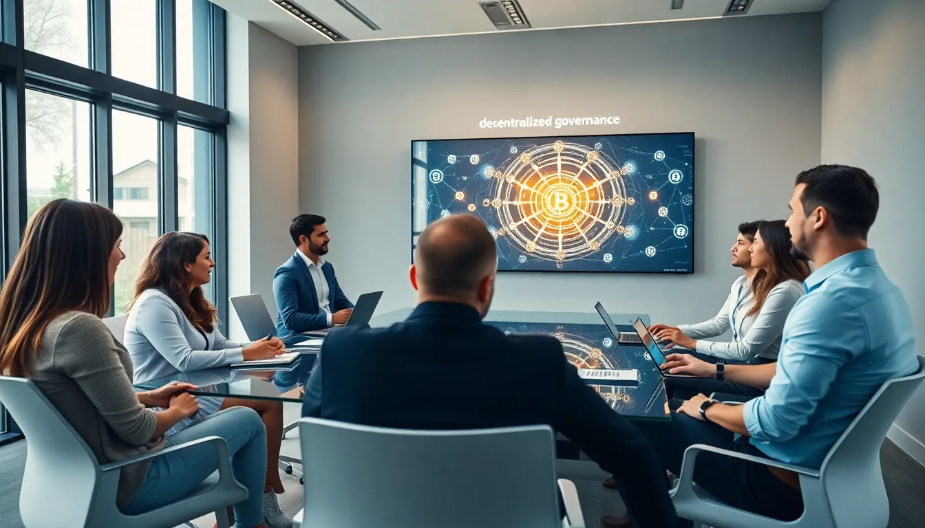 diverse professionals discussing blockchain technology in a modern office.