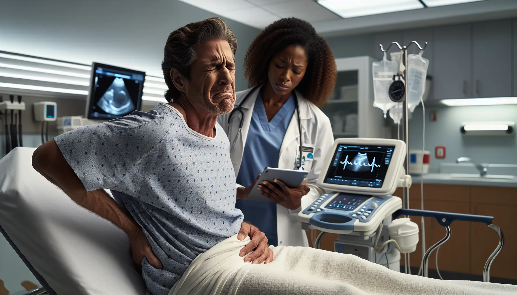 a patient in hospital experiencing sharp pain from kidney stones.