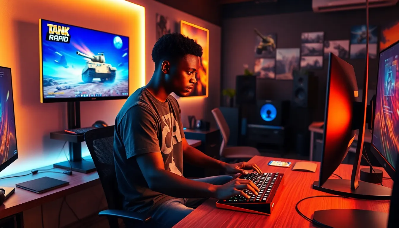 a game designer focused on a keyboard at a vibrant gaming studio.