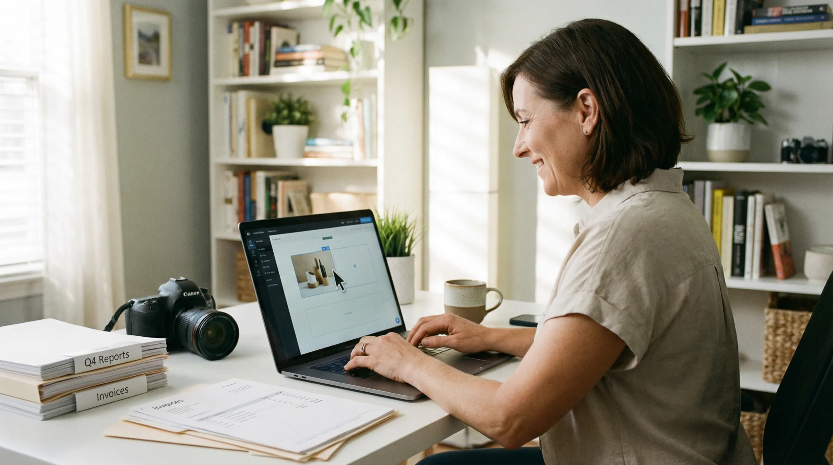 Business owner editing website content on a laptop with a simple interface in a bright, organized office.