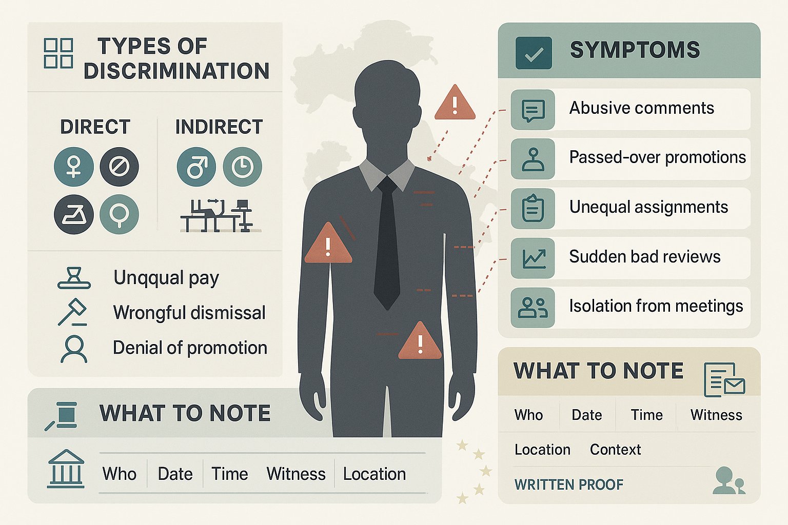 Infografica che mostra i segnali di discriminazione sul lavoro e una checklist per documentare gli incidenti.