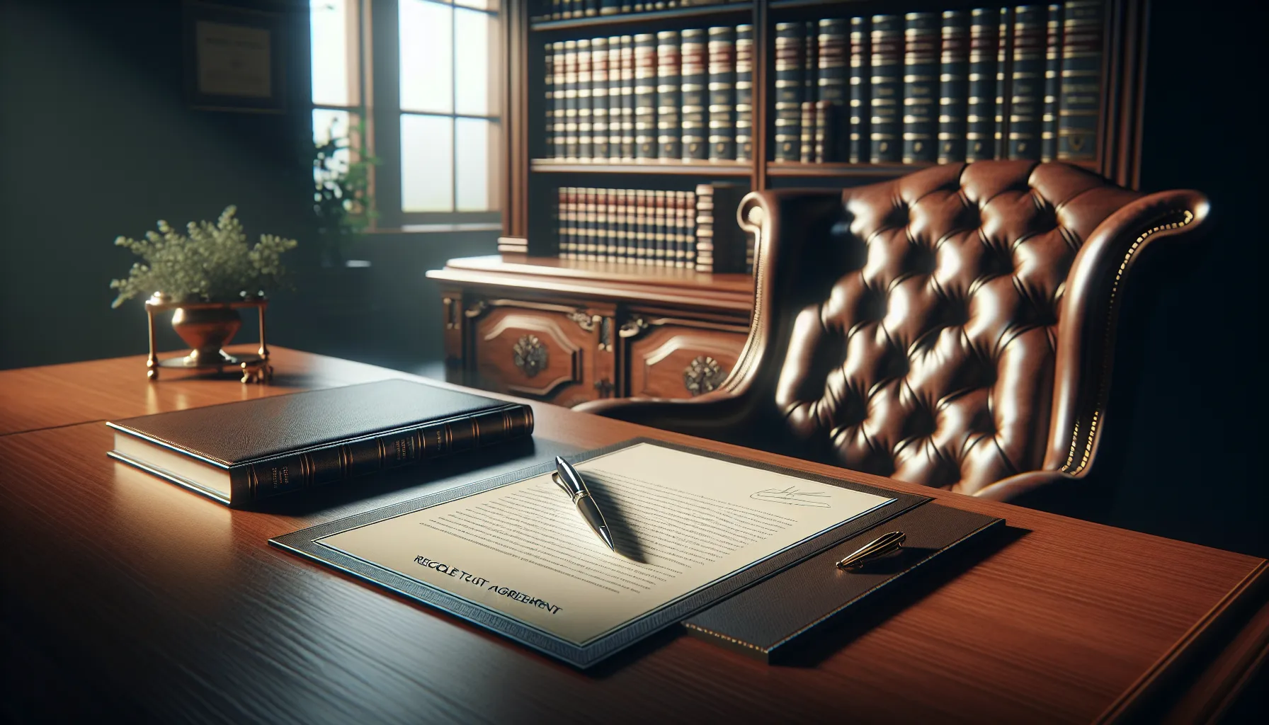 A desk displaying documents about revocable trust in a professional office setting.