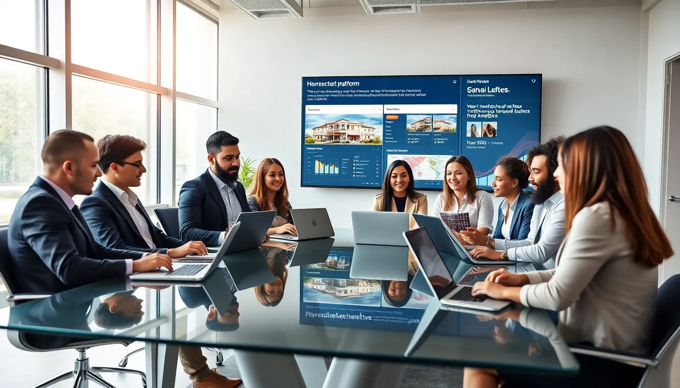 diverse real estate team discussing technology in a modern office.