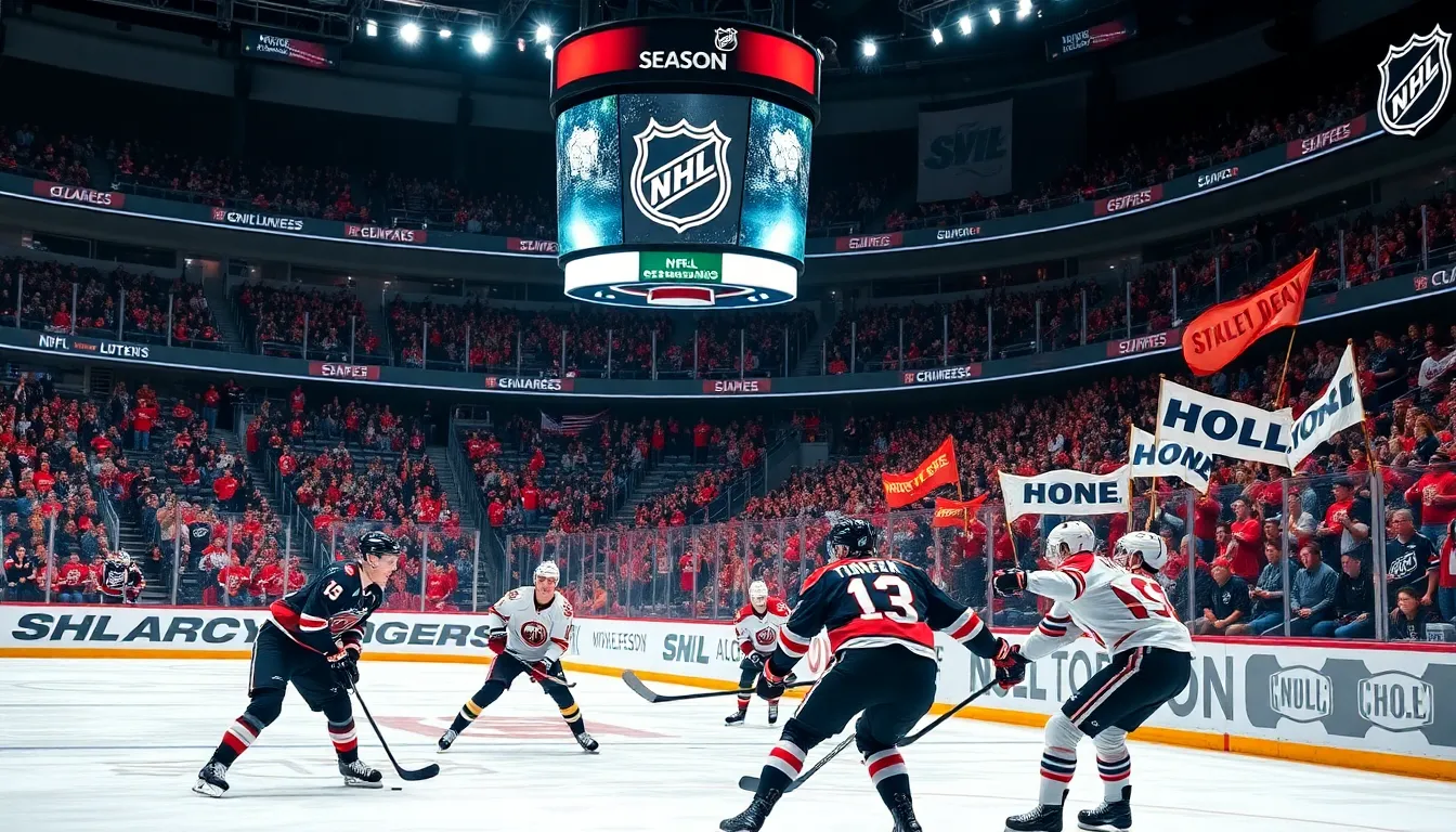 NHL game with excited fans and players on the ice.