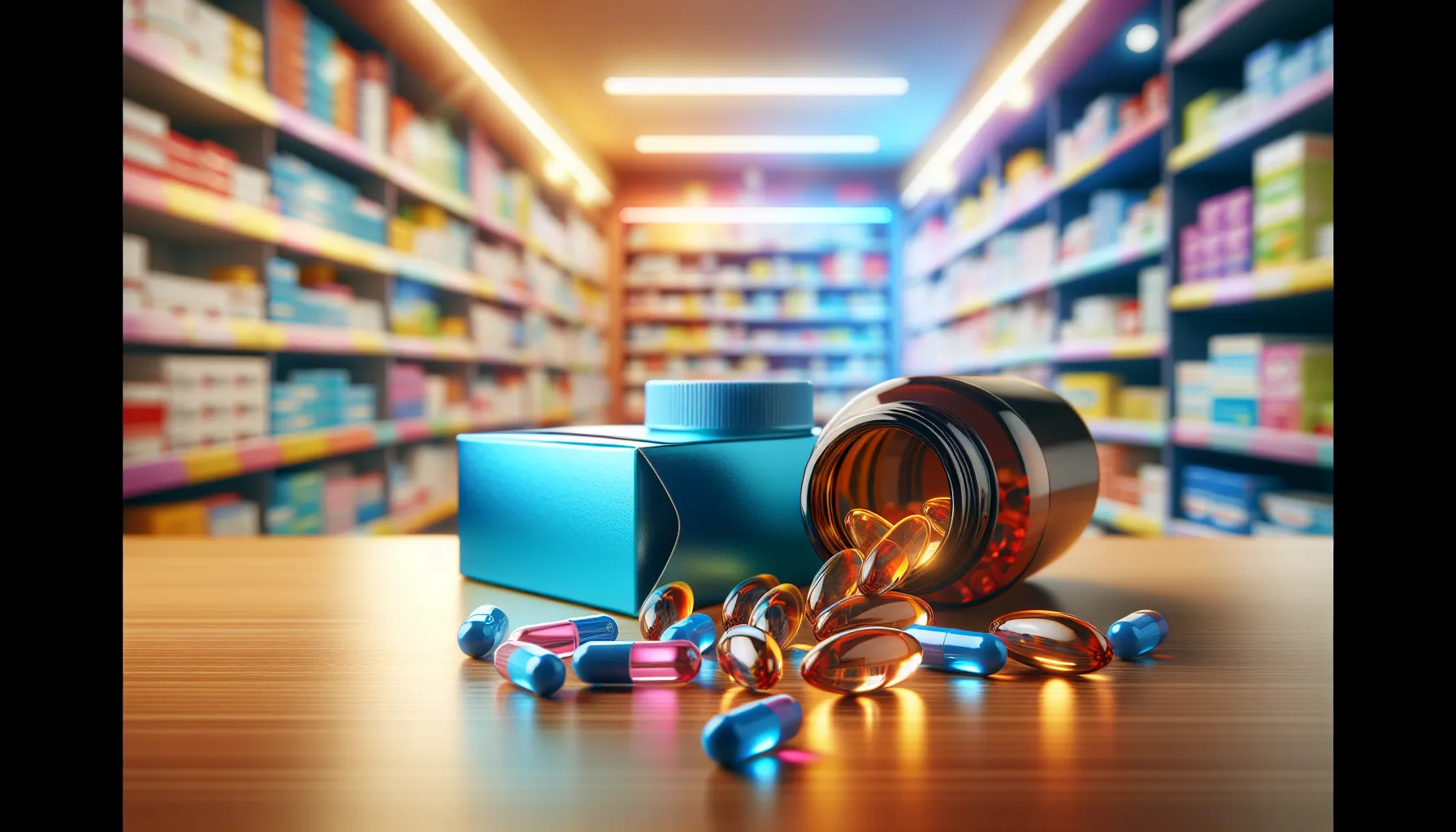 Advil and Aleve pain relief medications displayed on a pharmacy counter.