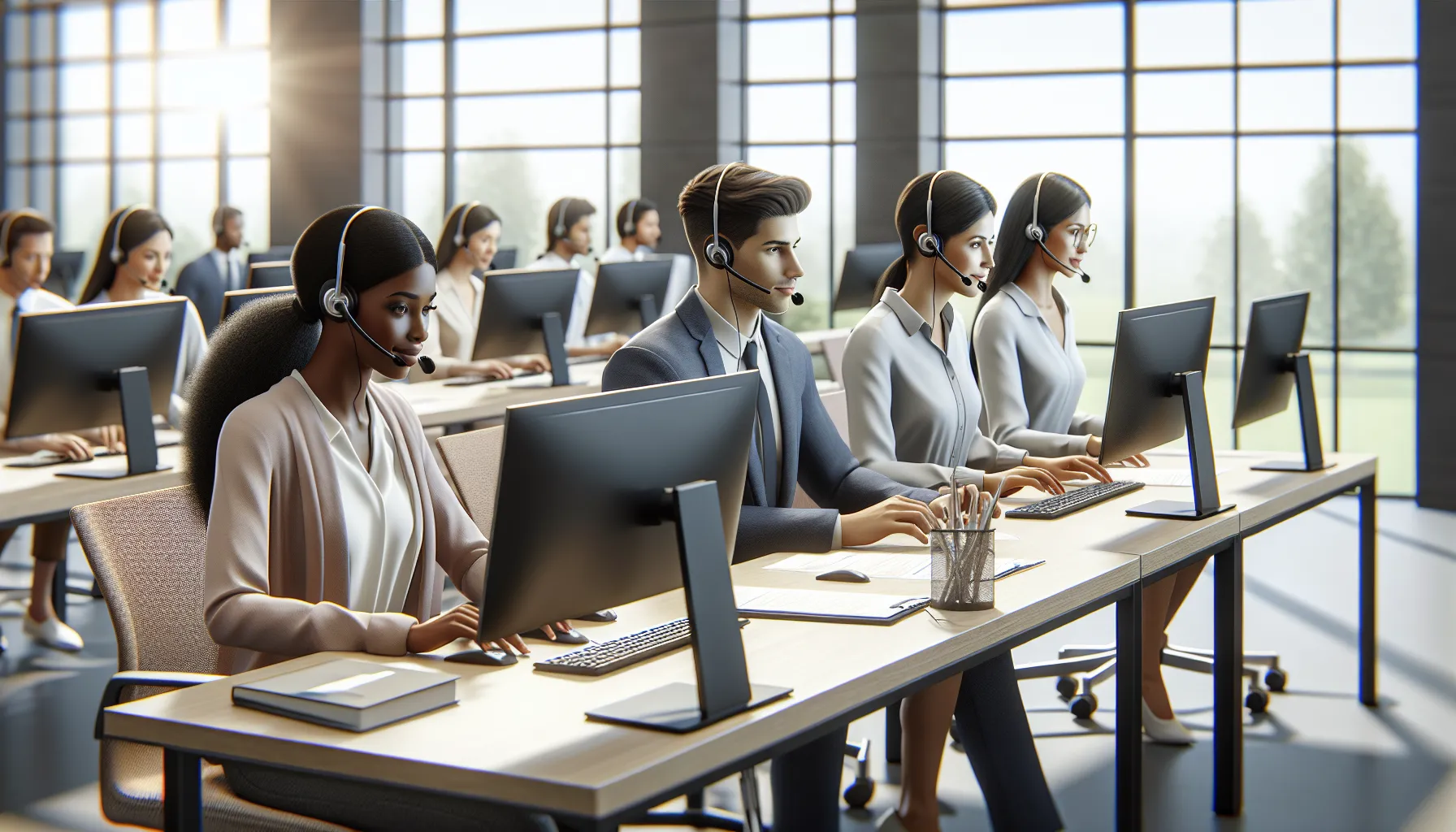 diverse customer service team at a modern call center.