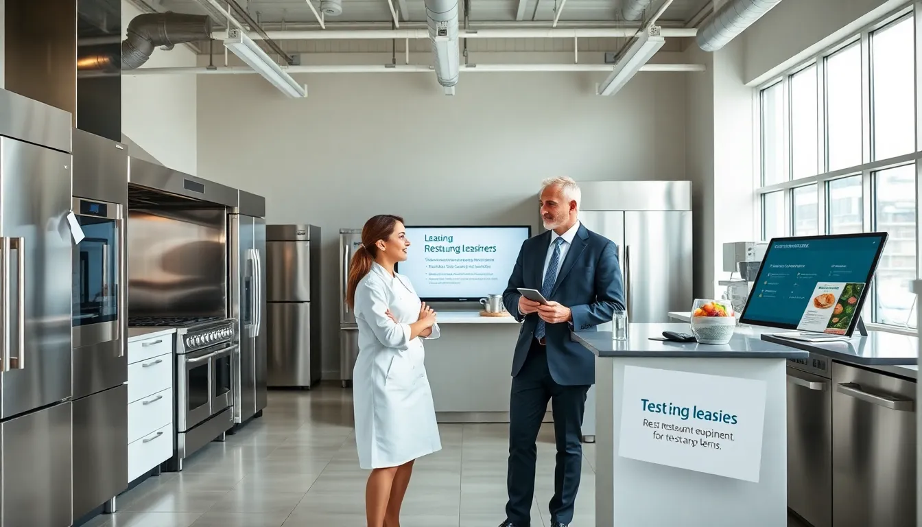 diverse professionals discussing restaurant equipment leasing in a modern kitchen showroom.