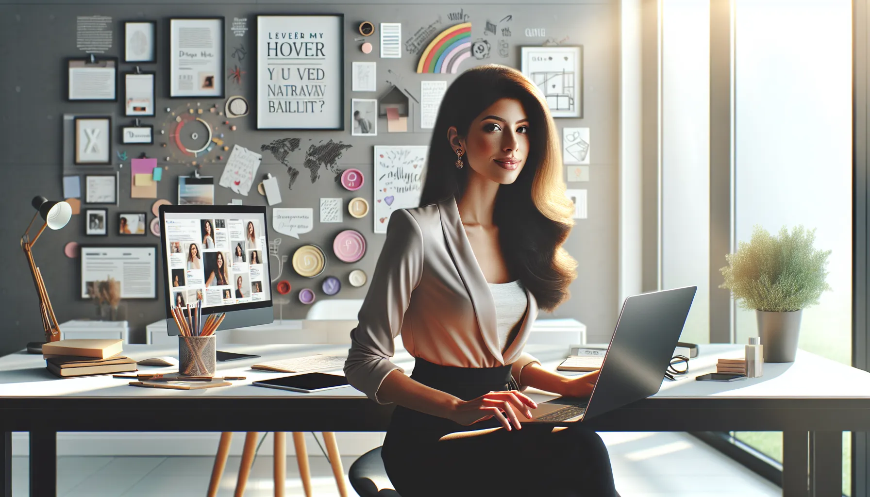 Dianamz85 working in a modern office, surrounded by creative elements.